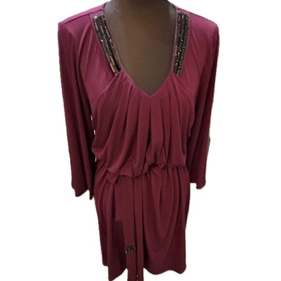 Badgley Mischka PLUM Draped Dress w/ V-Neck Embellished Beading w/Belt ( L ) NWT - Picture 8 of 16